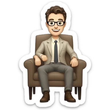 Joyful thrumb up Pale skinned Fit Man With dark brown hair in gray jacket, beige office shirt, Brown pants and vintage glasses sitting In a soft chair sticker