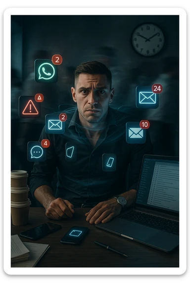 A highly realistic, cinematic portrait of a young man in his early 30s with a tired, tense expression, sitting at his modern office desk surrounded by multiple smartphones with glowing notification bubbles (WhatsApp, emails, alerts) hovering around him like aggressive neon icons. His posture is hunched, shoulders raised, eyes slightly wide, and jaw clenched, representing constant hyper-vigilance and stress. The environment is a cold, cluttered workspace with a laptop displaying endless emails and Slack notifications, coffee cups stacked nearby, and a clock showing late hours, symbolizing the relentless pace of modern work life. Behind him, ghostly blurred figures rush by in a fast-motion effect, representing the constant rush and societal pressure. A faint, tight grey aura wraps around his chest and head, symbolizing blocked breathing and mental tension, while faint blue light tries to push through, representing the body’s desire to find calm. The lighting is harsh and cool, with a 35mm hyperrealistic film style, shallow depth of field focusing on the man’s stressed face and the floating notifications, illustrating the modern trap of always being on alert. sticker