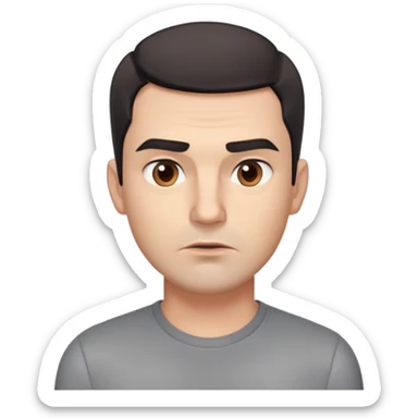 Professional man with square face, defined jawline, full cheeks, overtly skeptical expression, medium brown eyes with paranoid look, prominent eyebrows raised, wide nose, lips pressed together suspiciously, short dark hair, wearing a gray shirt sticker