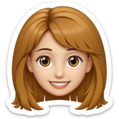 Mujer con pelo largo y liso, color cobrizo y con flequillo recto. Tiene los ojos marrón muy claro, es delgada y piel blanca. Ponle una sonrisa sticker