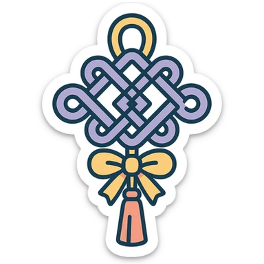 Chinese happiness knot (feng shui), icon-color-outlined style, detailed shadows and highlights, thin clean contours, soft rounded shapes, pastel palette #98B5BC, #B5B3C1, #C9A3C9, #E4C0CA, #F7DCD1, #F7C0AA, modern Japanese pop art and sticker aesthetics, high detail, vector sharpness, soft lighting, transparent background sticker