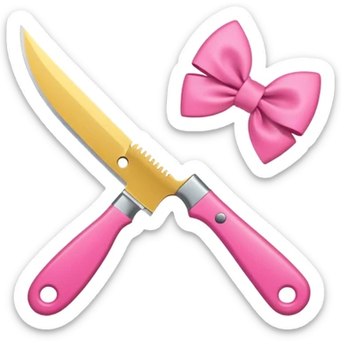 Kitchen knife with a pink bow tied around the handle, emoji style, simple, flat vector, white background, only one object sticker