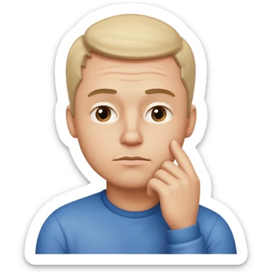 Create an emoji-style illustration of a man thinking. Show him with a hand on his chin, raised eyebrow, and a thoughtful expression. Soft gradients, rounded shapes, clean minimal emoji look sticker