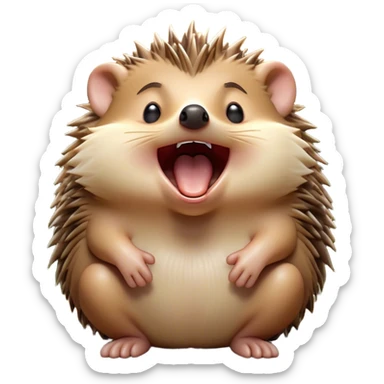 Cinematic Silly Yawning Hedgehog Portrait Emoji, Head tilted with a dramatic, wide-open yawn revealing a tiny, adorable snout and droopy quills, with sleepy, half-closed eyes, Simplified yet irresistibly cute features, highly detailed, glowing with a soft, cozy woodland light, high shine, relaxed yet humorously expressive, stylized with a dash of whimsical forest charm, soft glowing outline, capturing the essence of a drowsy yet endearing hedgehog that appears ready to stretch and yawn its way into your heart! sticker