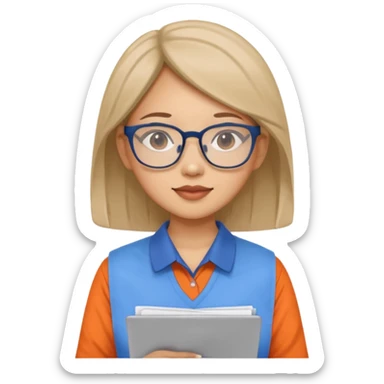 An asian woman with papers and laptop wearing glasses in blue and orange shirt sticker