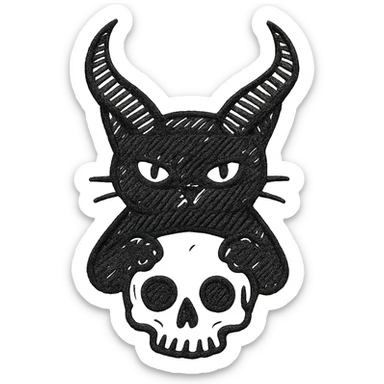 black cat with oversized demon horns, front paws gripping a human skull, hand drawn style, expressive linework, no fill sticker