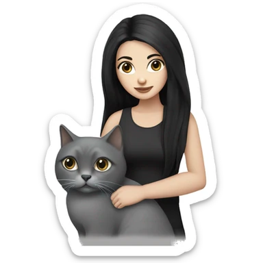 White girl with long black hair and black eyes holding a grey cat sticker