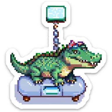 pixel art green crocodile standing on top of a small cartoonish airplane, small size sticker