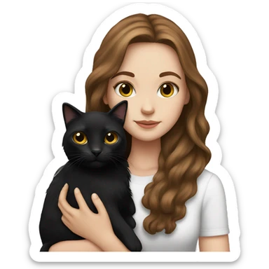 white girl with long brown hair holding fluffy black cat sticker