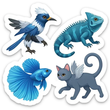 Mountain-Blue-Bird-Blue-Iguana-Blue-Betta-Fish-Russian-Blue-Cat-Fusion-animal-hybrid-creature sticker