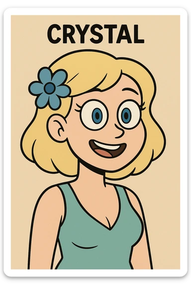 cartoon face of Crystal inspired by the reference image, blonde hair, blue flower accessory, big blue eyes sticker