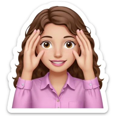 girl with wavy long brown hair, brown eyes, light to medium complexion, long lashes, light pink lipstick, wearing light pink shirt, smiling, hands covering over the eyes sticker