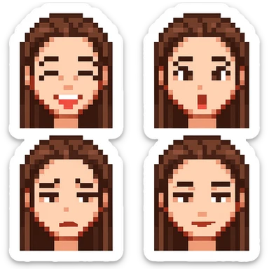 Convert the girl in the image into a set of pixel art style emoticons with transparent background, focusing only on the face and simple expressions. Pixel art style does not support text, so keep the expressions concise and clear. sticker
