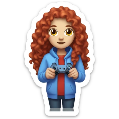 a white girl with long red curly hair, wearing periwinkle Minecraft hoodie holding a controller sticker