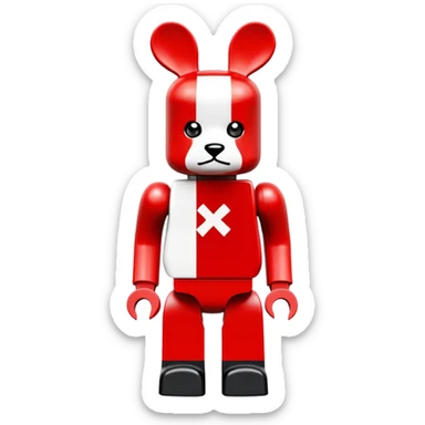Lego bearbrick with X crosses for eyes, big ears, oversized boots, long limbs, exaggerated proportions, blocky Lego style sticker
