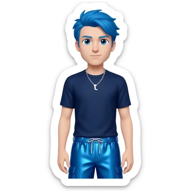 DanTDM with blue eyes, blue hair, navy blue metallic t-shirt, cobalt blue metallic baggy pants, silver necklace sticker