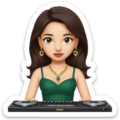 pretty bratz genmoji that looks like tamannah bhatia (bollywood actress), wearing a dark green sweetheart neckline top, dark brown hair, light makeup, no necklace, dangly earrings, side hair part, dark brown eyes, djing sticker