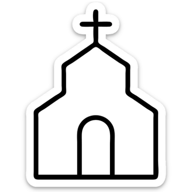 outlined icon of a church with a cross on top, minimal lines, no fill sticker
