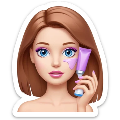 Barbie girl Chestnut Shoulder-length hair and blue eyes is In pale purple smears by hand cosmetic cream on her face sticker