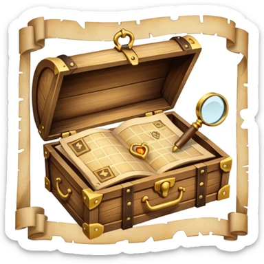 An icon depicting a treasure map with an open chest, surrounded by clues and mysterious symbols. A magnifying glass hovers over the map, symbolizing the thrill of discovery and adventure. Set on a transparent background, it should evoke the excitement of solving puzzles and exploring new worlds. sticker