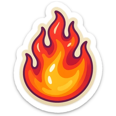 retro sticker style illustration of a juicy, bright, playful flame with bold outlines, expressive shadows, glossy highlights, several flame tongues, volumetric and energetic fire sticker