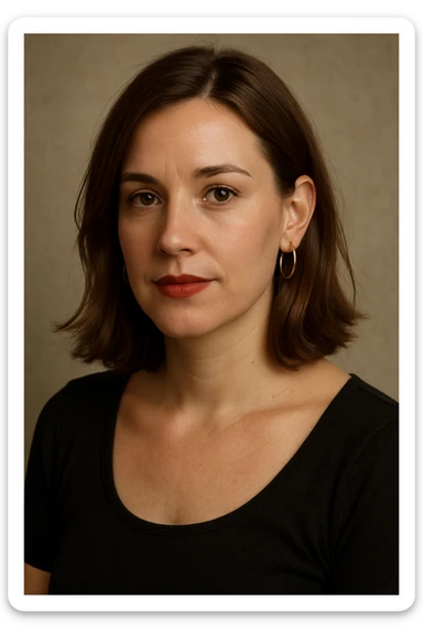 30 year old white woman, shoulder-length hair, brown eyes, left side of hair tucked behind ear, lipstick, hoop earrings, slightly tilted head, upper body portrait sticker
