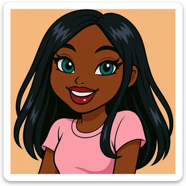 Change her expression to happy, headshot only, 20-year-old anime Bratz style woman with dark skin, straight hair, more casual outfit, big expressive eyes, glossy lips, no hat, no tears, looking straight ahead. The style should reflect anime Bratz aesthetics with vibrant colors and expressive features. sticker