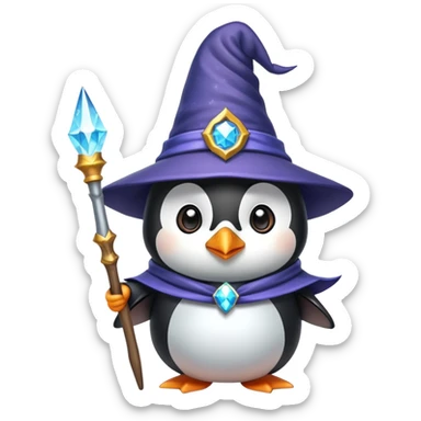 A cute penguin dressed as a wizard with a pointy hat and holding a magic wand sticker