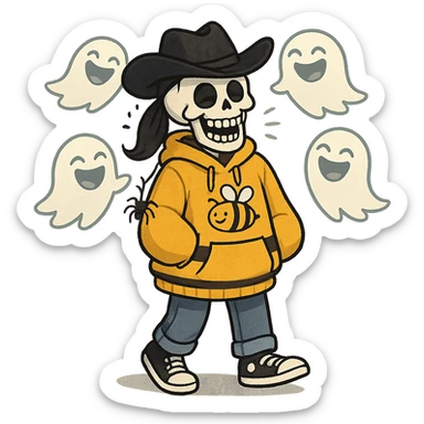 a skeleton with a bee-themed oversized hoodie, black ponytail, black cowboy hat with a spider keychain, joyful and chuckling, blue jeans, black and white tennis shoes, hands barely visible, surrounded by laughing ghosts sticker