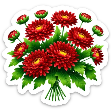 big bouquet Bright Red Chrysanthemum, luxuriant, leaf, bud sticker