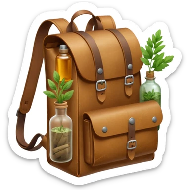 A sturdy, weathered leather backpack with metal-reinforced flaps. A rolled parchment and fresh herbs stick out from its pockets, while a small corked bottle rests at the front. It looks practical, rugged, and ready for any journey. sticker