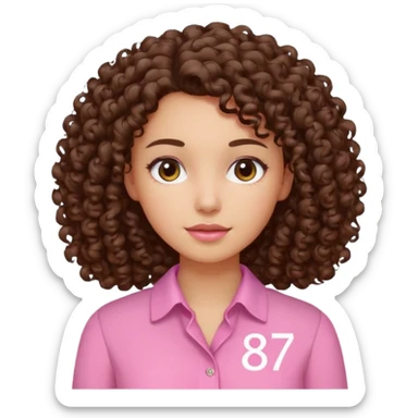 Curly hair Median, Brunette, wearing a pink blouse with *87* written on it. sticker