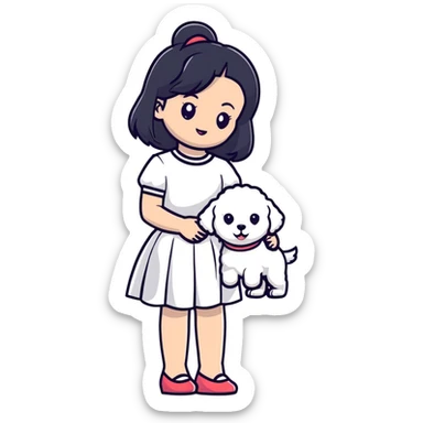 A beautiful girl with long straight black hair wearing a white skirt holding a small white Bichon Frise sticker