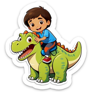 A funny little hispanic boy with brown hair riding a dinosaur  sticker