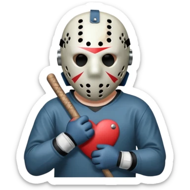 a cartoon image of Jason Voorhees, looking cute, with his hands clasped in front of him, at a sideways angle, looks like he is in love sticker
