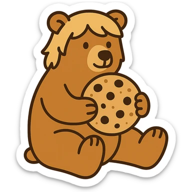 flat toon style blonde grizzly bear sitting, full body, holding a large chocolate chip cookie sticker