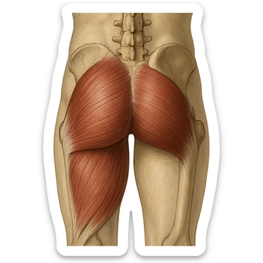 realistic and educational illustration of the gluteus maximus muscle, posterior view, anatomical details, neutral background, no explicit references to sensitive parts sticker