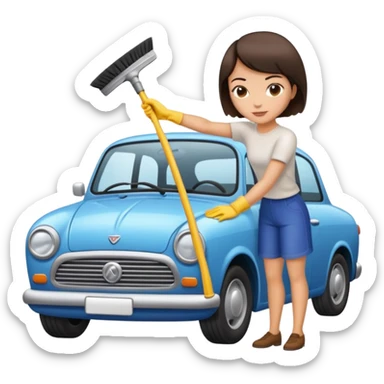 short hair brunette cleaning a car sticker