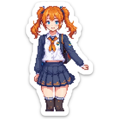 anime girl in school uniform, orange hair in side ponytail, blue eyes, standing in a courtyard with cherry blossom petals, skirt and hair fluttering in breeze, cheerful expression sticker
