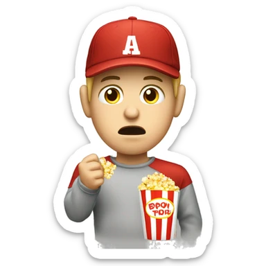 angry caucasian boy in cap eating popcorn sticker