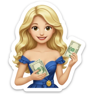 rich long hair blonde millionare woman holding money wearing dress sticker