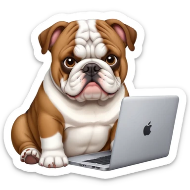 English bulldog sitting with a laptop sticker