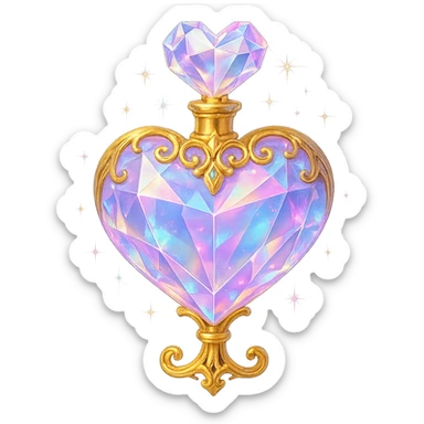 premium class crystal elixir bottle in heart shape, pastel gradient, lots of glowing shine, facets, ornaments, golden details, magical effects, very small golden neck, transparent background, beautiful connected base, clearly floating in air, no base or shadow, very luxurious, matching collection sticker