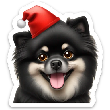a black Pomeranian spitz a red New Year's hat sticker