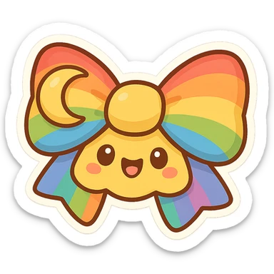 chibi style bow, rainbow colors, playful, cheerful, cartoon style, moon motif sticker