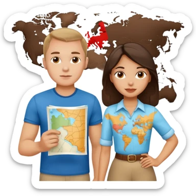 Russian man and elegant Latina girl in cute outfits with a map planning map in the background  sticker