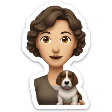 middle aged brunette woman with medium hair and shepard dog sticker