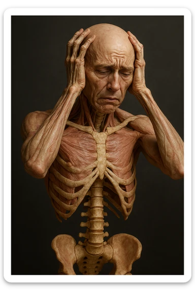 CORPO UMANO ANATOMICO con spina dorsale in evidenza, molto stanca e stressata mentre si tiene le mani sulla testa, IPERREALISTICO 4K sticker