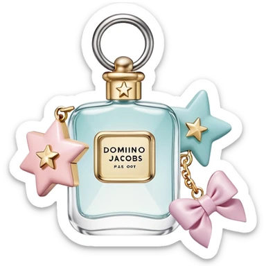 Emoji of a clear perfume bottle with playful charms on top — star, bow, ring, and domino — and ‘Perfect Marc Jacobs’ text. Soft pastel style. sticker