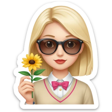 A preppy girl with a Stanley wearing sunglasses and a flower sticker
